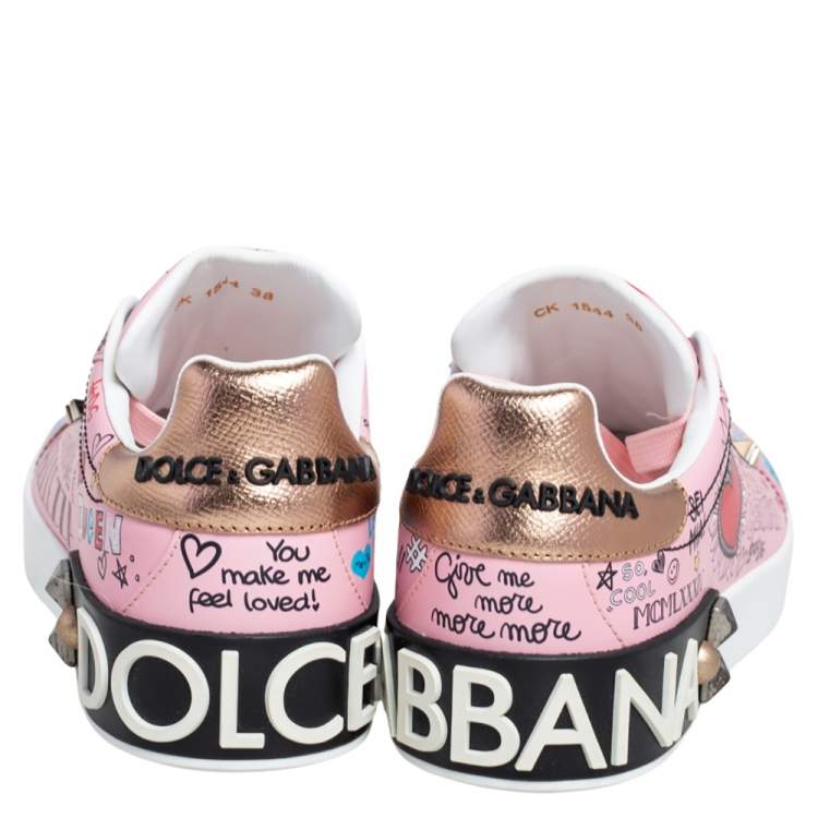 Pre Owned Dolce & Gabbana Pink Leather Portofino Graffiti Print Low Top Sneakers Size 38