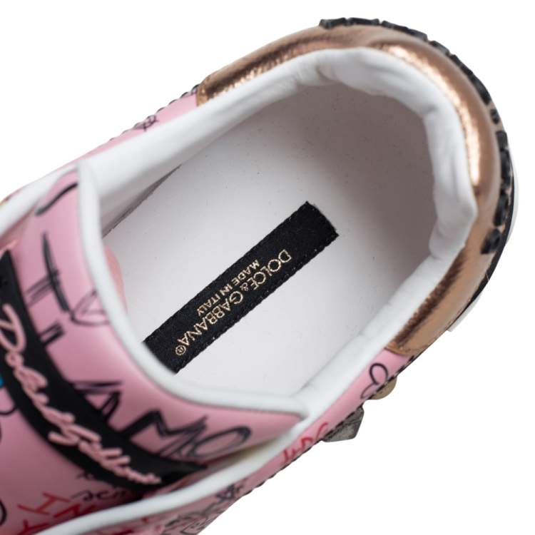 Pre Owned Dolce & Gabbana Pink Leather Portofino Graffiti Print Low Top Sneakers Size 38