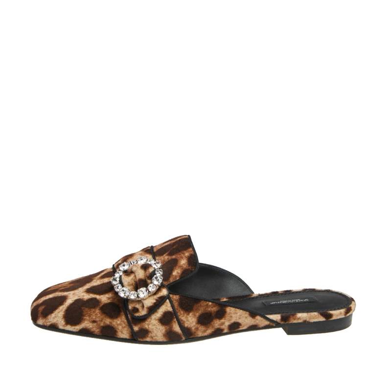Pre Owned Dolce & Gabbana Leopard Print Velvet Crystal Embellished Mules Size 40