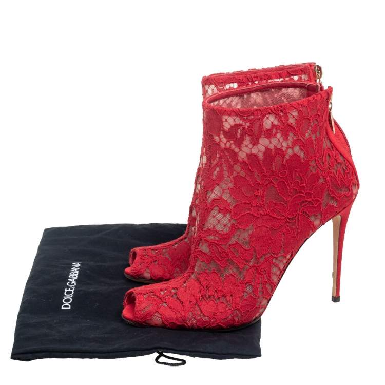 Pre Owned Dolce & Gabbana Red Lace And Mesh Peep Toe Ankle Boots Size 37