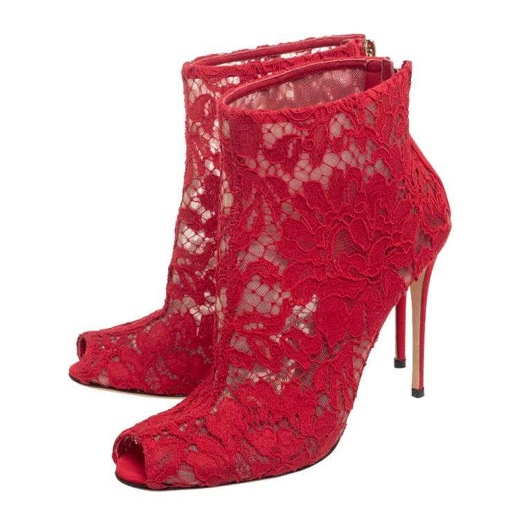 Pre Owned Dolce & Gabbana Red Lace And Mesh Peep Toe Ankle Boots Size 37
