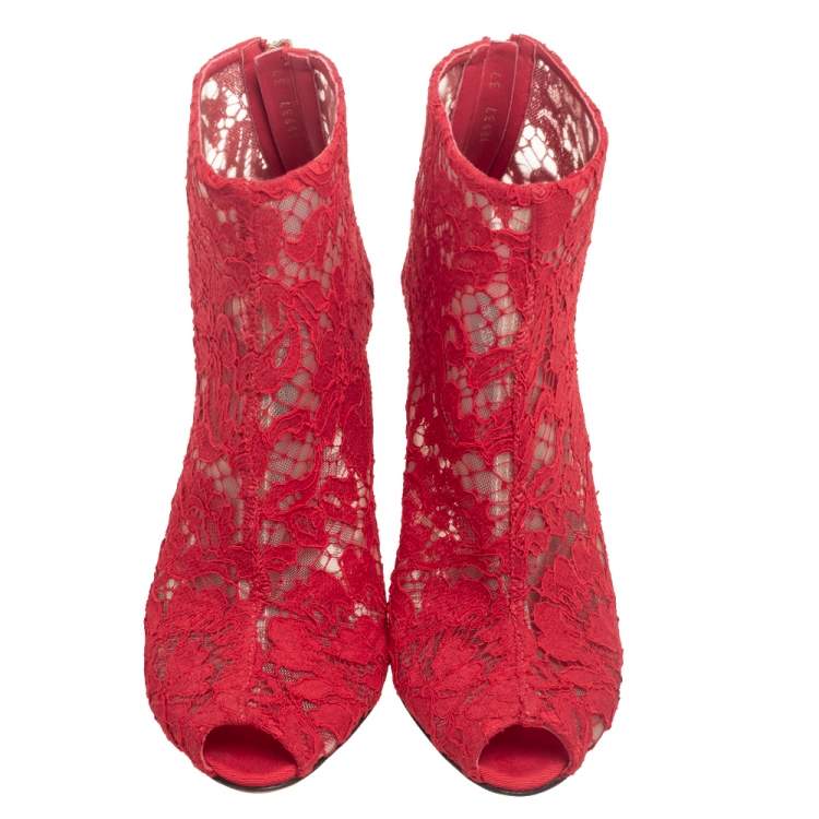 Pre Owned Dolce & Gabbana Red Lace And Mesh Peep Toe Ankle Boots Size 37