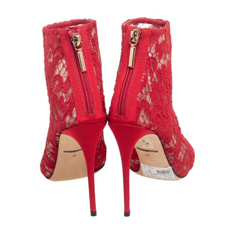Pre Owned Dolce & Gabbana Red Lace And Mesh Peep Toe Ankle Boots Size 37