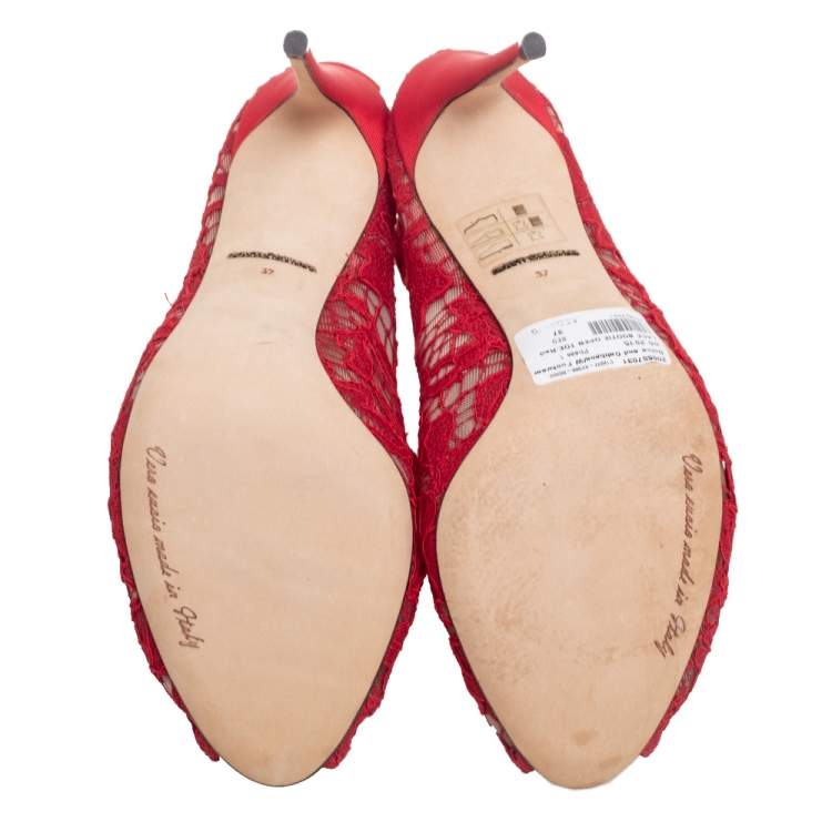 Pre Owned Dolce & Gabbana Red Lace And Mesh Peep Toe Ankle Boots Size 37