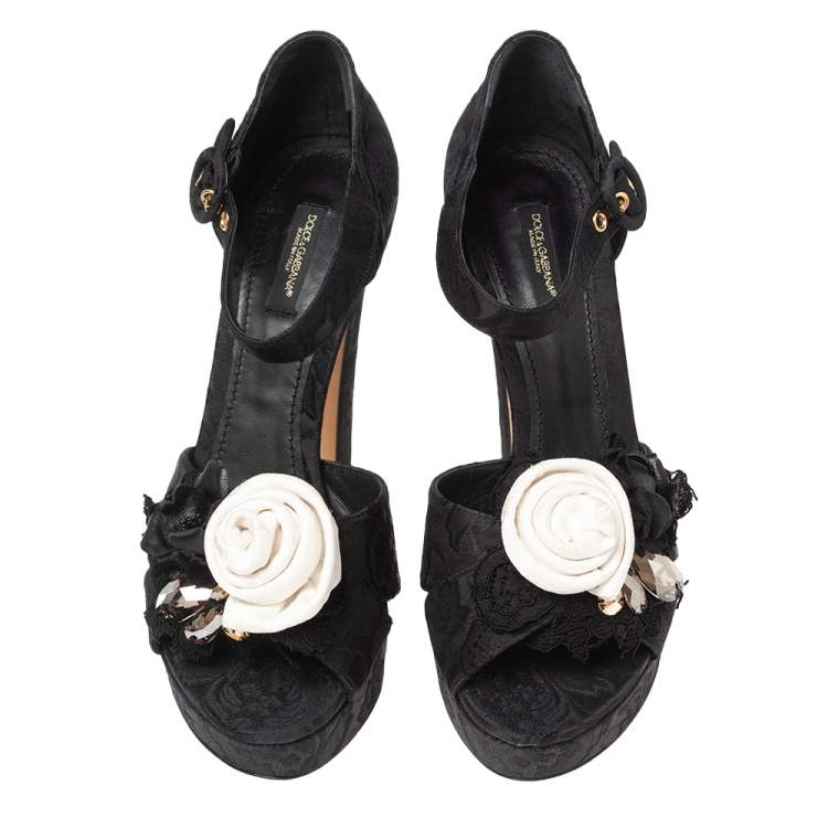 Pre Owned Dolce & Gabbana Black Brocade Fabric Embellished Platform Ankle Strap Sandals Size 40