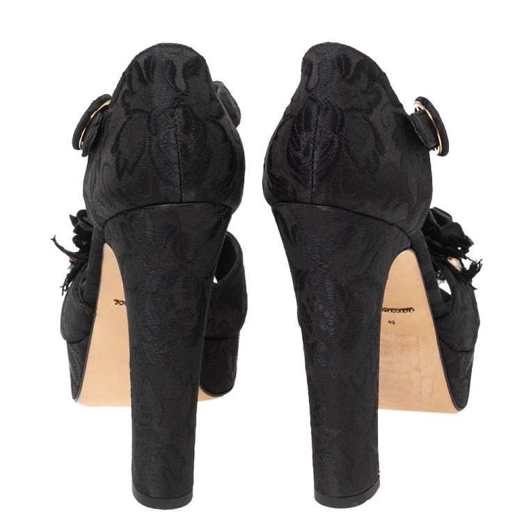 Pre Owned Dolce & Gabbana Black Brocade Fabric Embellished Platform Ankle Strap Sandals Size 40