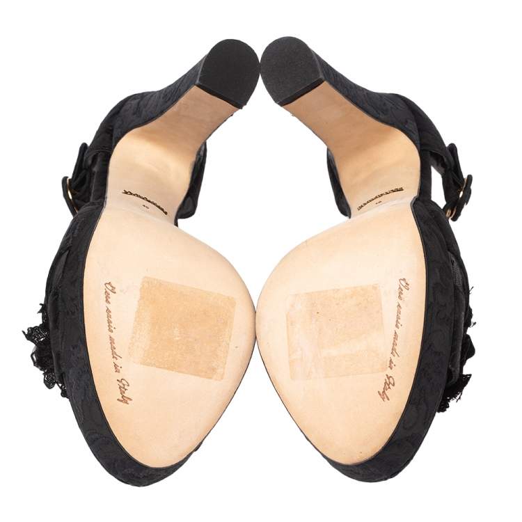 Pre Owned Dolce & Gabbana Black Brocade Fabric Embellished Platform Ankle Strap Sandals Size 40
