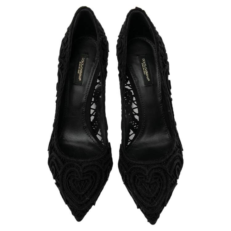 Pre Owned Dolce & Gabbana Black Embroidered Mesh Trim Pointed Toe Pumps Size 40