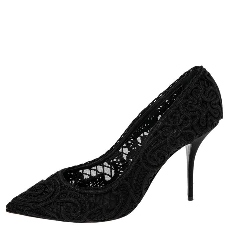 Pre Owned Dolce & Gabbana Black Embroidered Mesh Trim Pointed Toe Pumps Size 40