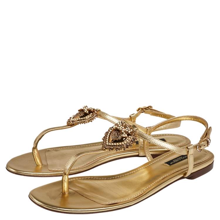 Pre Owned Dolce & Gabbana Gold Leather Logo Plaque T-bar Thong Flats Size 40