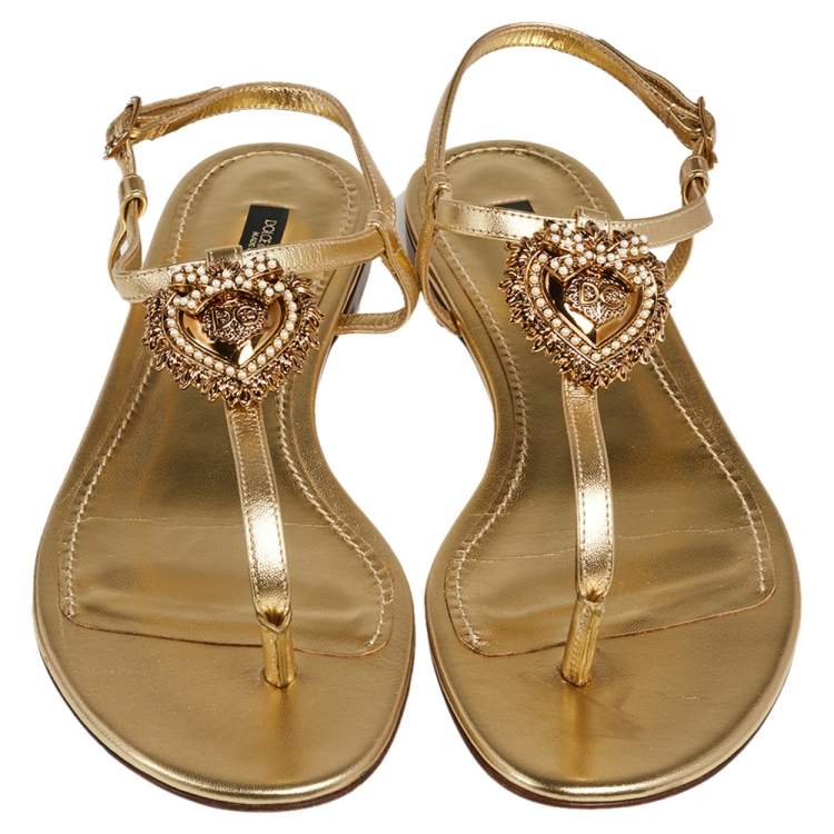 Pre Owned Dolce & Gabbana Gold Leather Logo Plaque T-bar Thong Flats Size 40