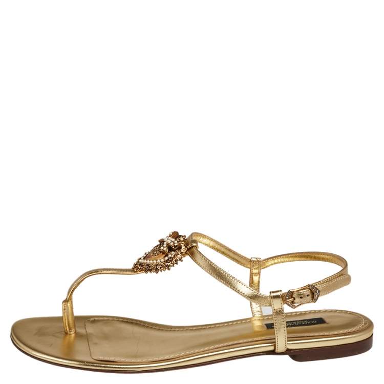 Pre Owned Dolce & Gabbana Gold Leather Logo Plaque T-bar Thong Flats Size 40