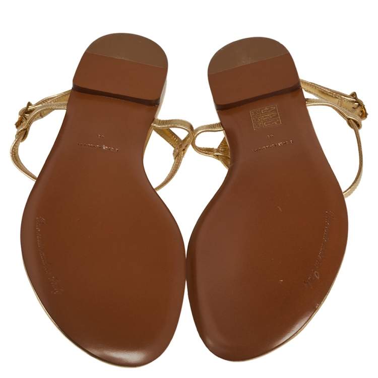 Pre Owned Dolce & Gabbana Gold Leather Logo Plaque T-bar Thong Flats Size 40
