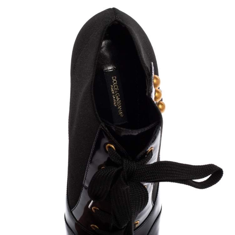 Pre Owned Dolce & Gabbana Black Stretch Band and Patent Leather Lace Up Ankle Booties Size 38.5