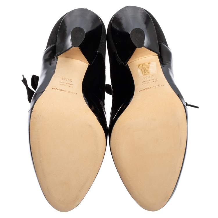 Pre Owned Dolce & Gabbana Black Stretch Band and Patent Leather Lace Up Ankle Booties Size 38.5