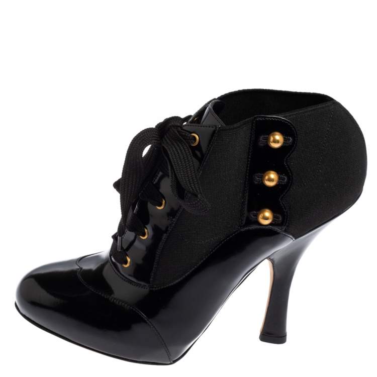 Pre Owned Dolce & Gabbana Black Stretch Band and Patent Leather Lace Up Ankle Booties Size 38.5