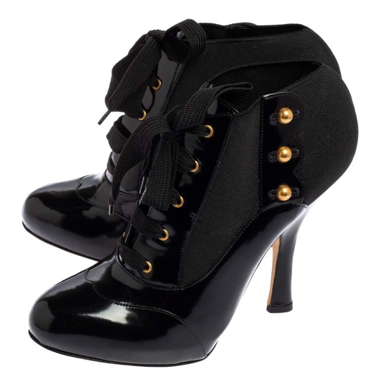 Pre Owned Dolce & Gabbana Black Stretch Band and Patent Leather Lace Up Ankle Booties Size 38.5