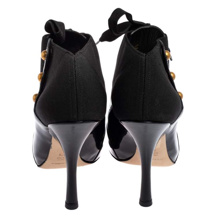Pre Owned Dolce & Gabbana Black Stretch Band and Patent Leather Lace Up Ankle Booties Size 38.5