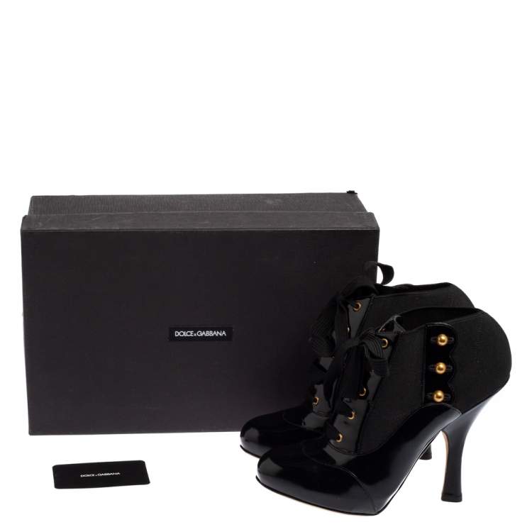 Pre Owned Dolce & Gabbana Black Stretch Band and Patent Leather Lace Up Ankle Booties Size 38.5