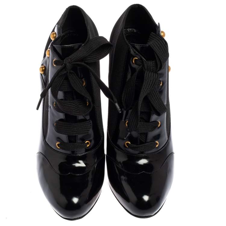 Pre Owned Dolce & Gabbana Black Stretch Band and Patent Leather Lace Up Ankle Booties Size 38.5