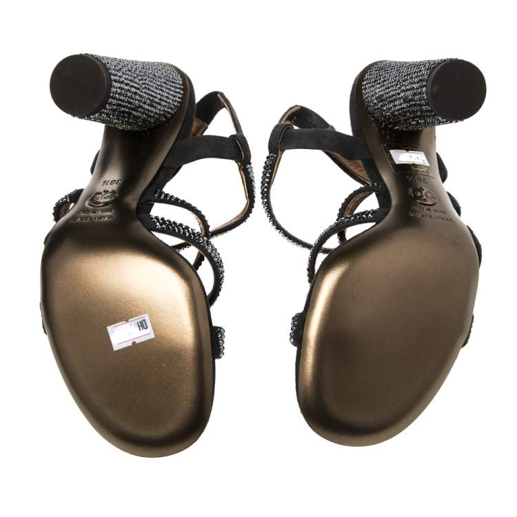 Pre Owned Dolce & Gabbana Dark Grey Suede Crystal Embellished Strappy Sandals Size 38.5