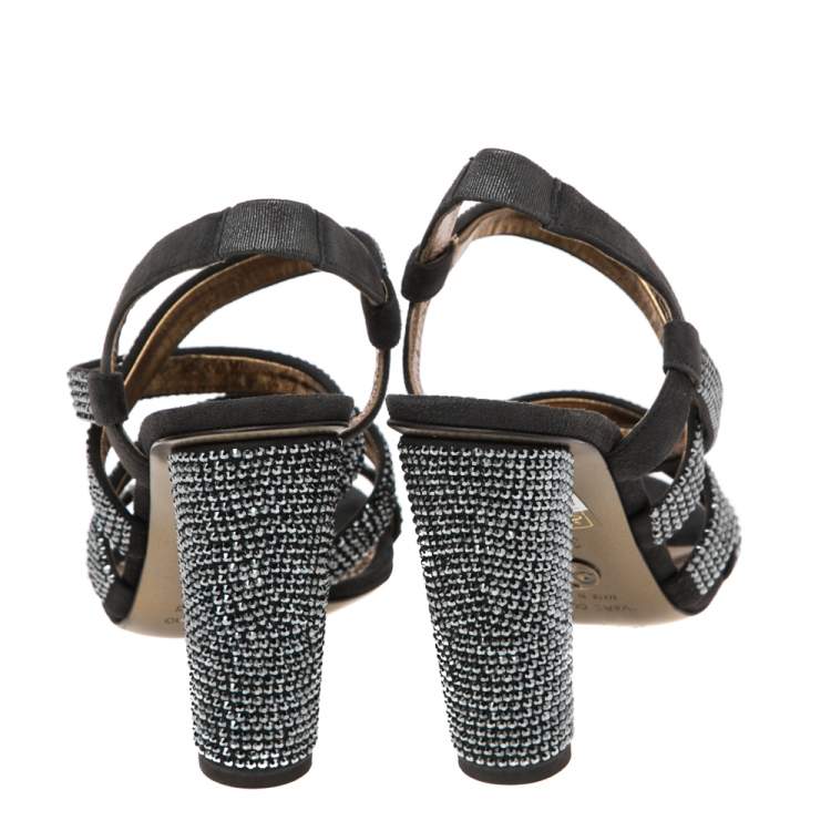 Pre Owned Dolce & Gabbana Dark Grey Suede Crystal Embellished Strappy Sandals Size 38.5