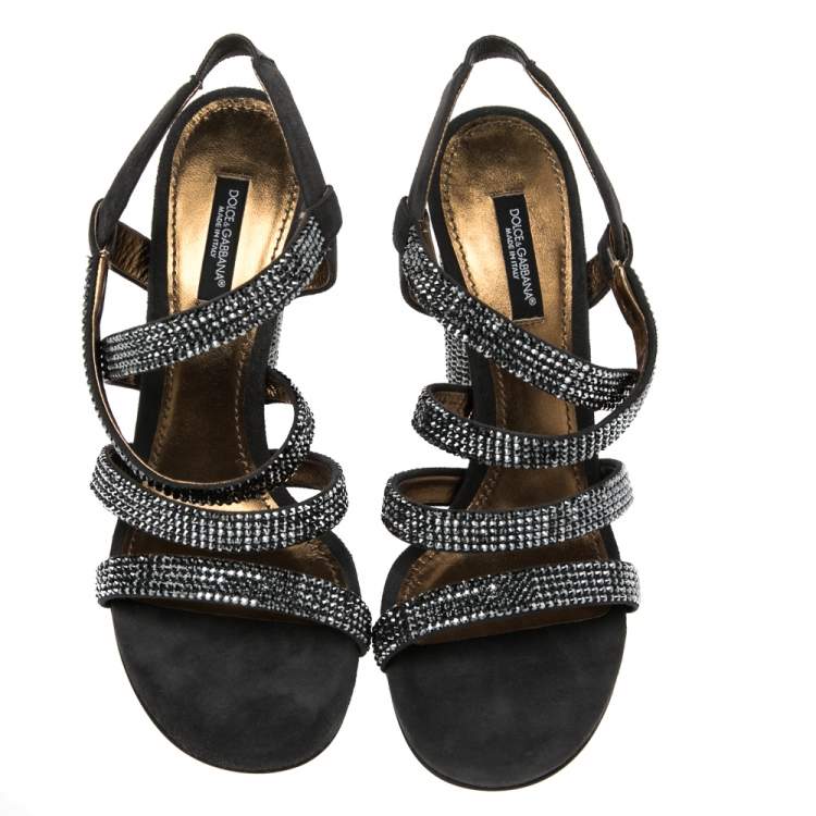 Pre Owned Dolce & Gabbana Dark Grey Suede Crystal Embellished Strappy Sandals Size 38.5