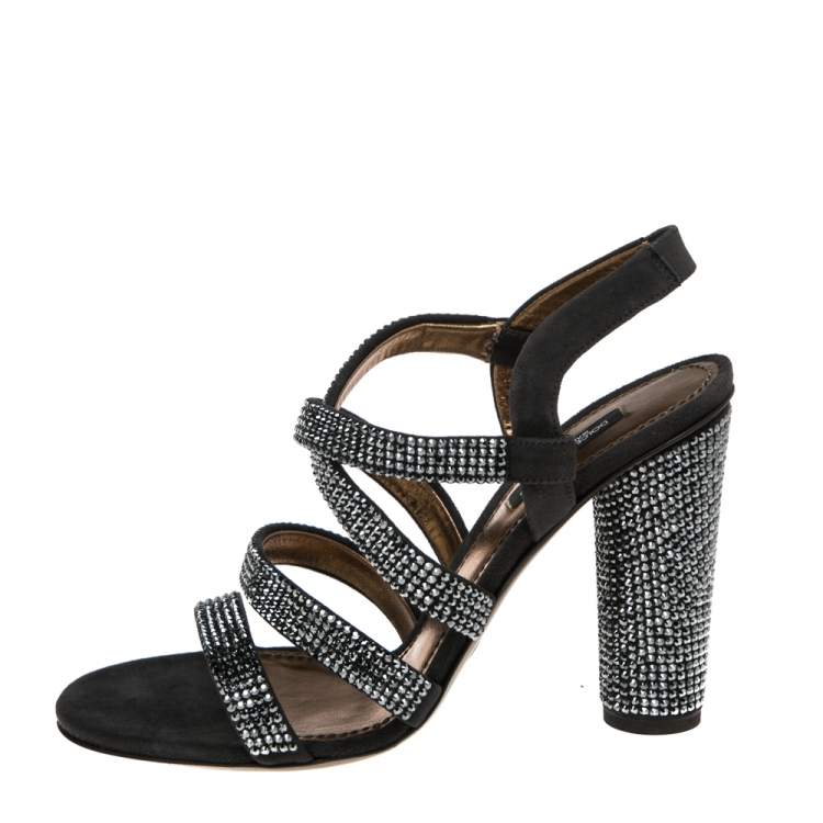 Pre Owned Dolce & Gabbana Dark Grey Suede Crystal Embellished Strappy Sandals Size 38.5