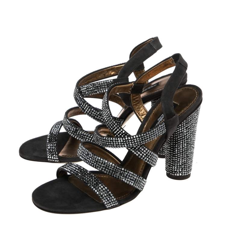 Pre Owned Dolce & Gabbana Dark Grey Suede Crystal Embellished Strappy Sandals Size 38.5