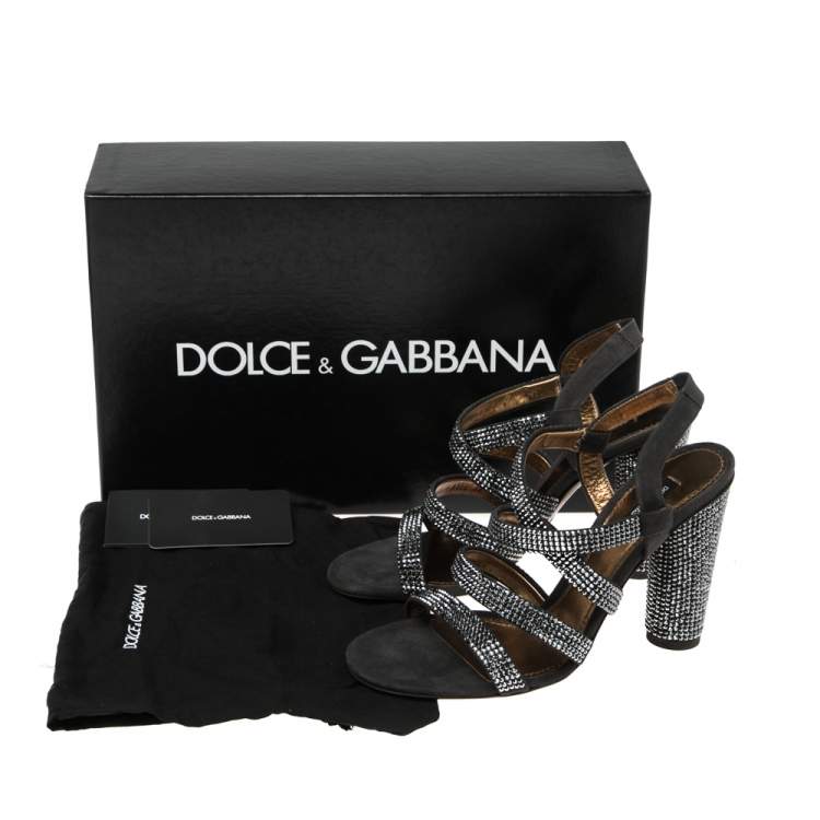 Pre Owned Dolce & Gabbana Dark Grey Suede Crystal Embellished Strappy Sandals Size 38.5