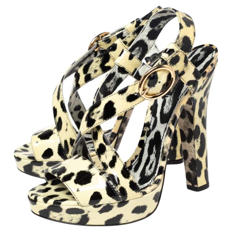 Pre Owned Dolce & Gabbana Cream-Black Patent Leather Ankle Strap Platform Sandals Size 41