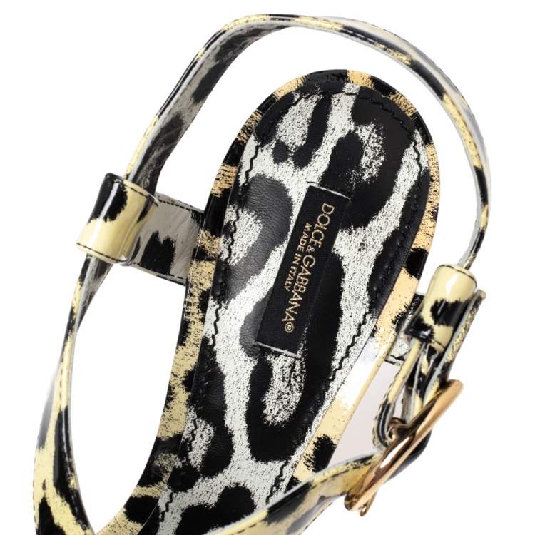 Pre Owned Dolce & Gabbana Cream-Black Patent Leather Ankle Strap Platform Sandals Size 41