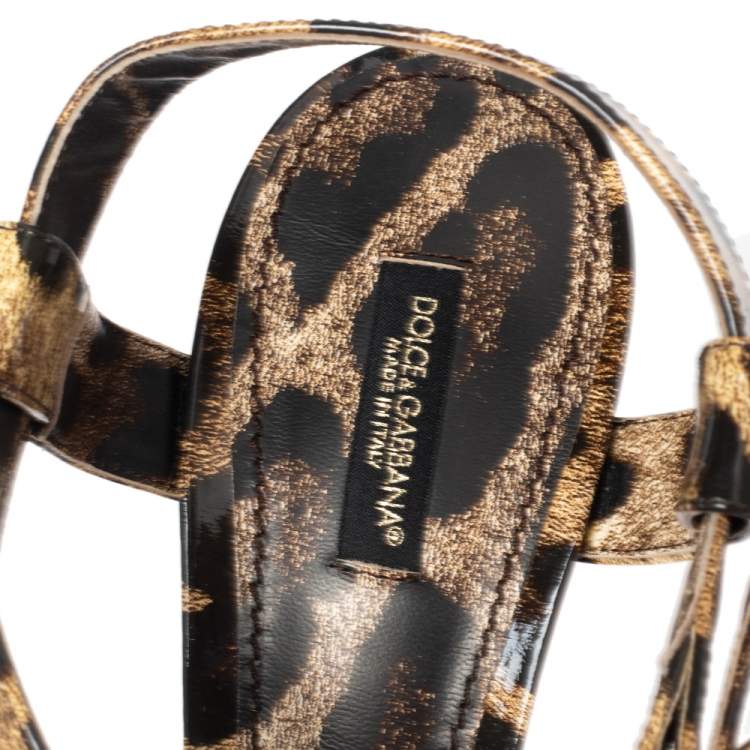 Pre Owned Dolce and Gabbana Brown/Black Animal Print Patent Leather Cross Strap Platform Sandals Size 41