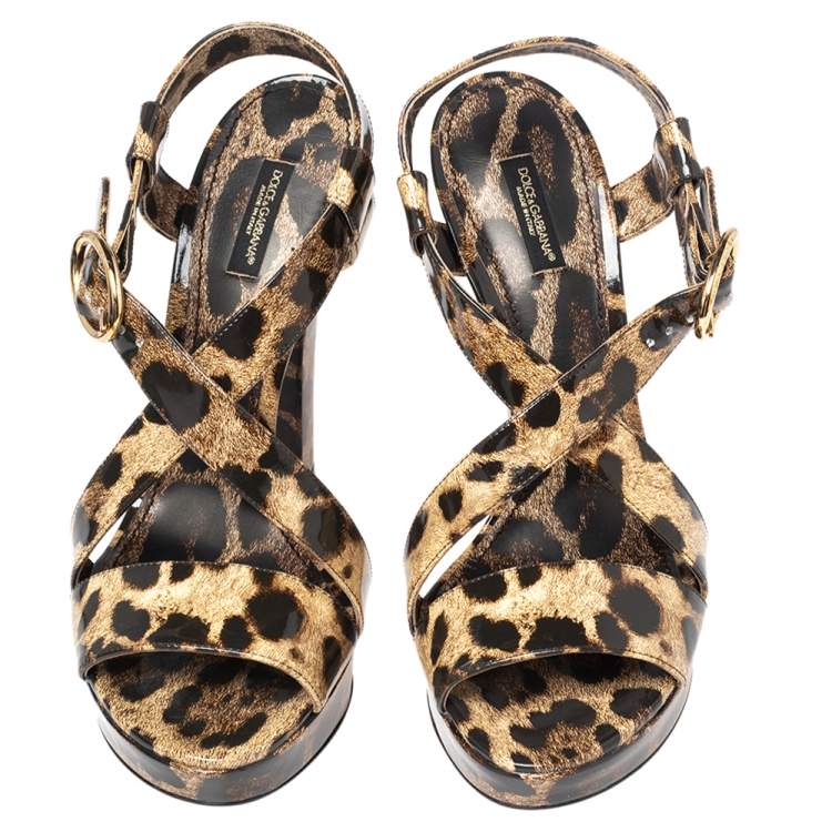 Pre Owned Dolce and Gabbana Brown/Black Animal Print Patent Leather Cross Strap Platform Sandals Size 41