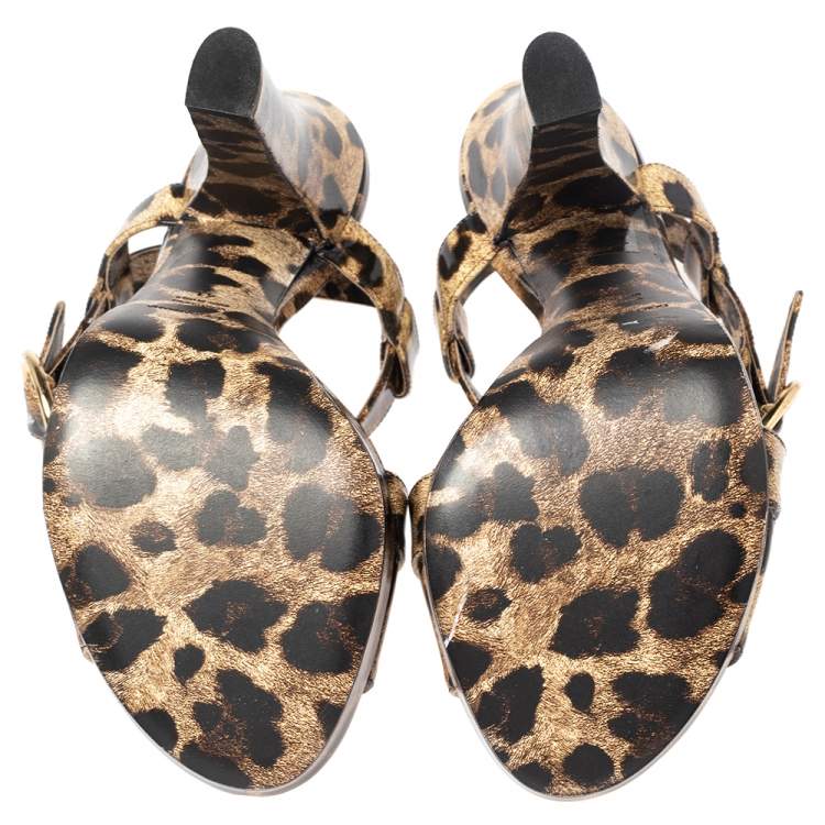 Pre Owned Dolce and Gabbana Brown/Black Animal Print Patent Leather Cross Strap Platform Sandals Size 41