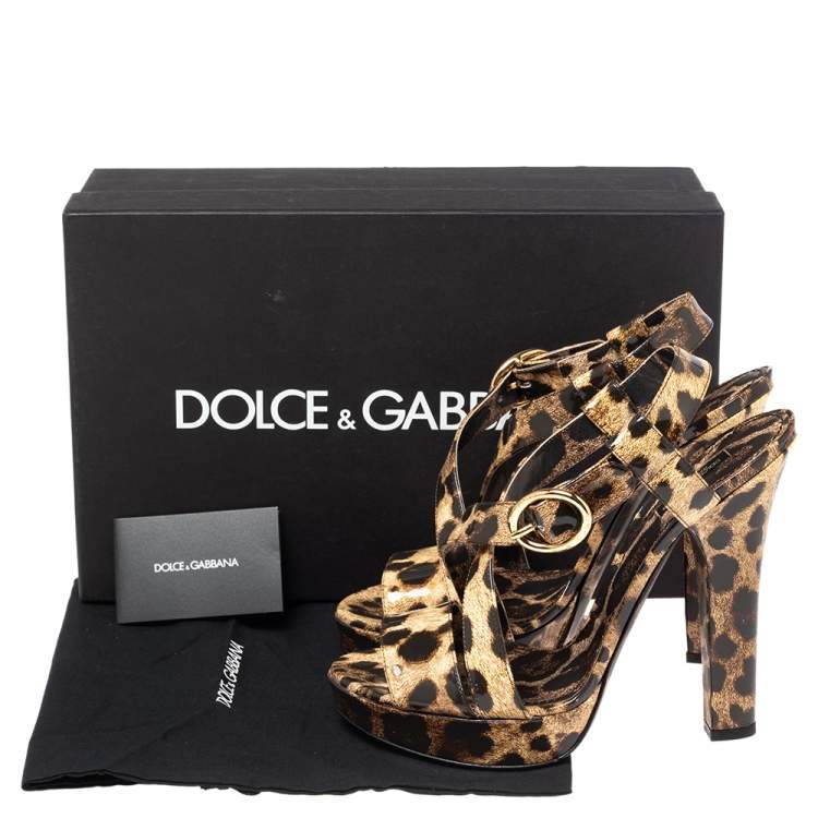 Pre Owned Dolce and Gabbana Brown/Black Animal Print Patent Leather Cross Strap Platform Sandals Size 41