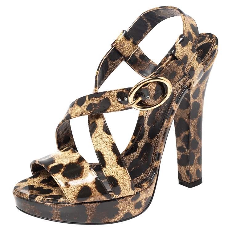 Pre Owned Dolce and Gabbana Brown/Black Animal Print Patent Leather Cross Strap Platform Sandals Size 41