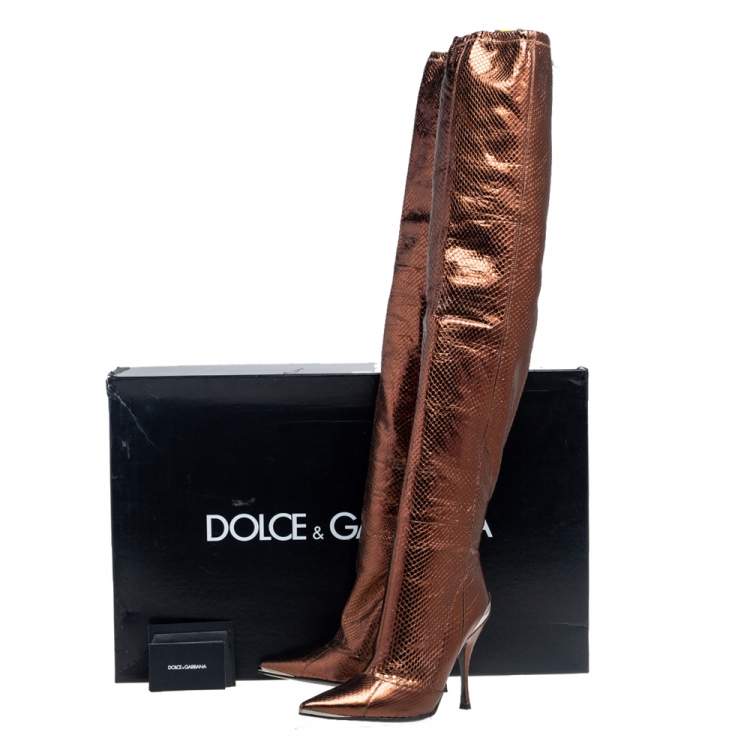 Pre Owned Dolce & Gabbana Gold Python Leather Over Knee Length Boots Size 38