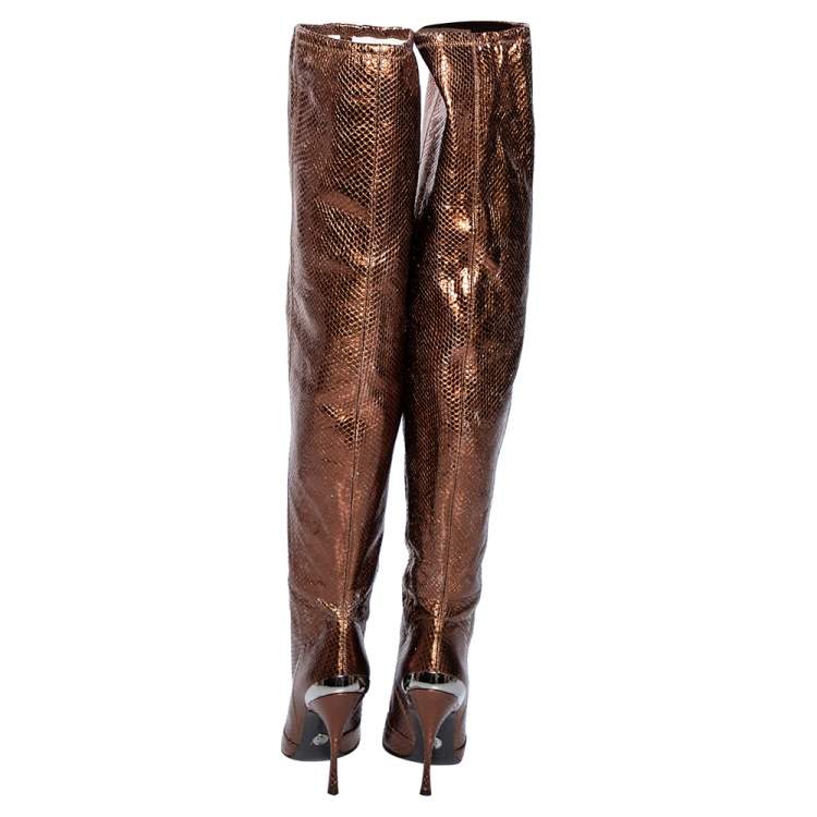 Pre Owned Dolce & Gabbana Gold Python Leather Over Knee Length Boots Size 38