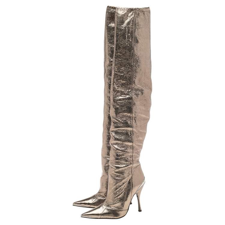 Pre Owned Dolce & Gabbana Metallic Grey Snakeskin Over  Knee Length Boots Size 37