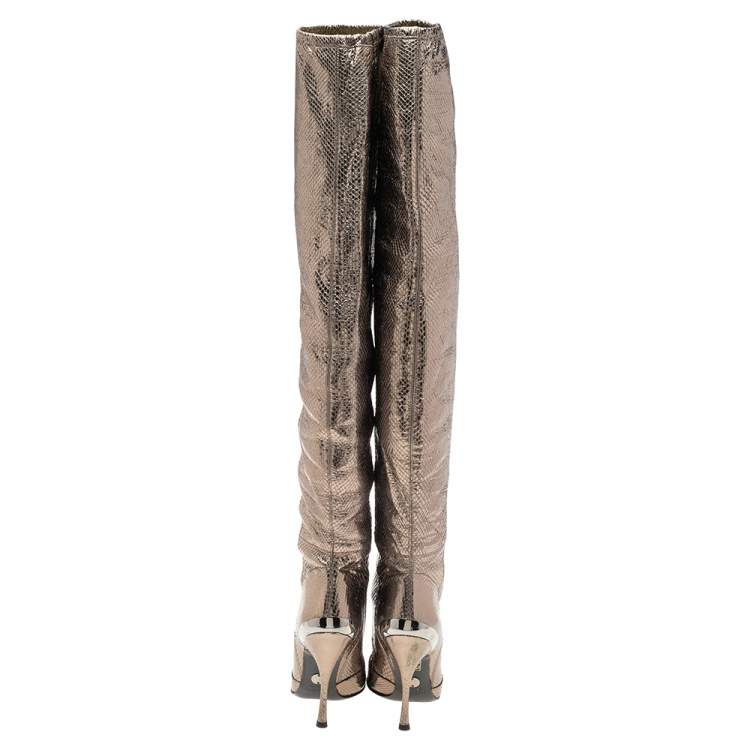 Pre Owned Dolce & Gabbana Metallic Grey Snakeskin Over  Knee Length Boots Size 37