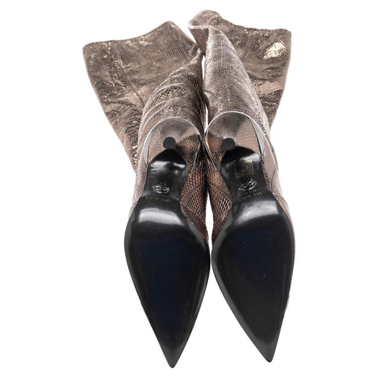 Pre Owned Dolce & Gabbana Metallic Grey Snakeskin Over  Knee Length Boots Size 37