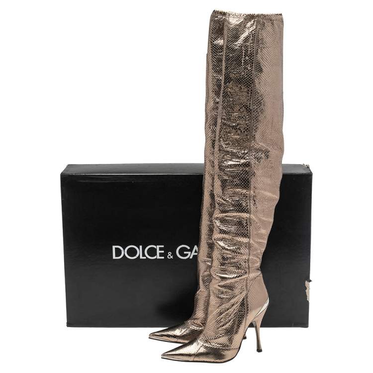 Pre Owned Dolce & Gabbana Metallic Grey Snakeskin Over  Knee Length Boots Size 37