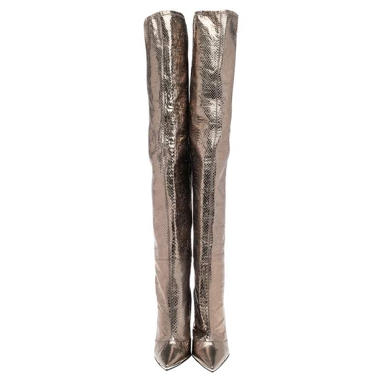 Pre Owned Dolce & Gabbana Metallic Grey Snakeskin Leather Over Knee Length Boots Size 38