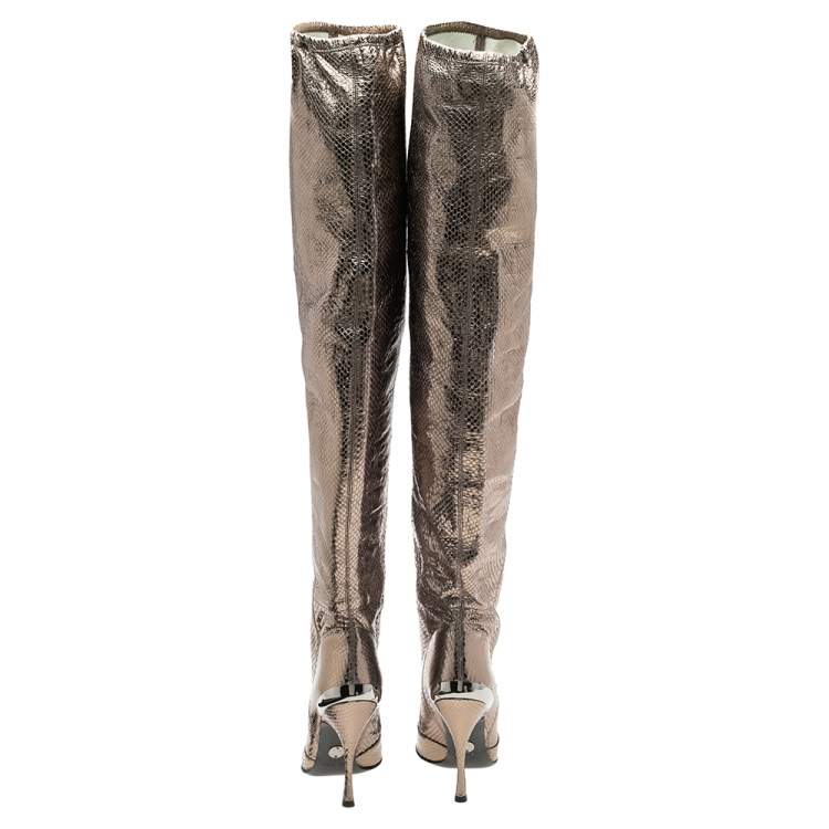 Pre Owned Dolce & Gabbana Metallic Grey Snakeskin Leather Over Knee Length Boots Size 38