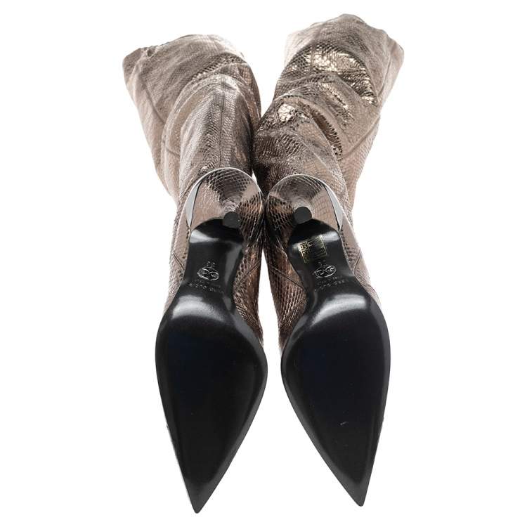 Pre Owned Dolce & Gabbana Metallic Grey Snakeskin Leather Over Knee Length Boots Size 38