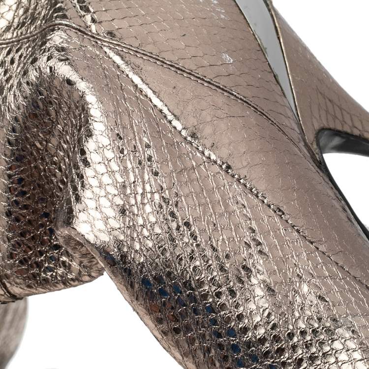 Pre Owned Dolce & Gabbana Metallic Grey Snakeskin Leather Over Knee Length Boots Size 38