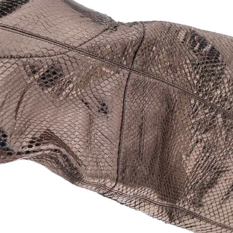 Pre Owned Dolce & Gabbana Metallic Grey Snakeskin Leather Over Knee Length Boots Size 38