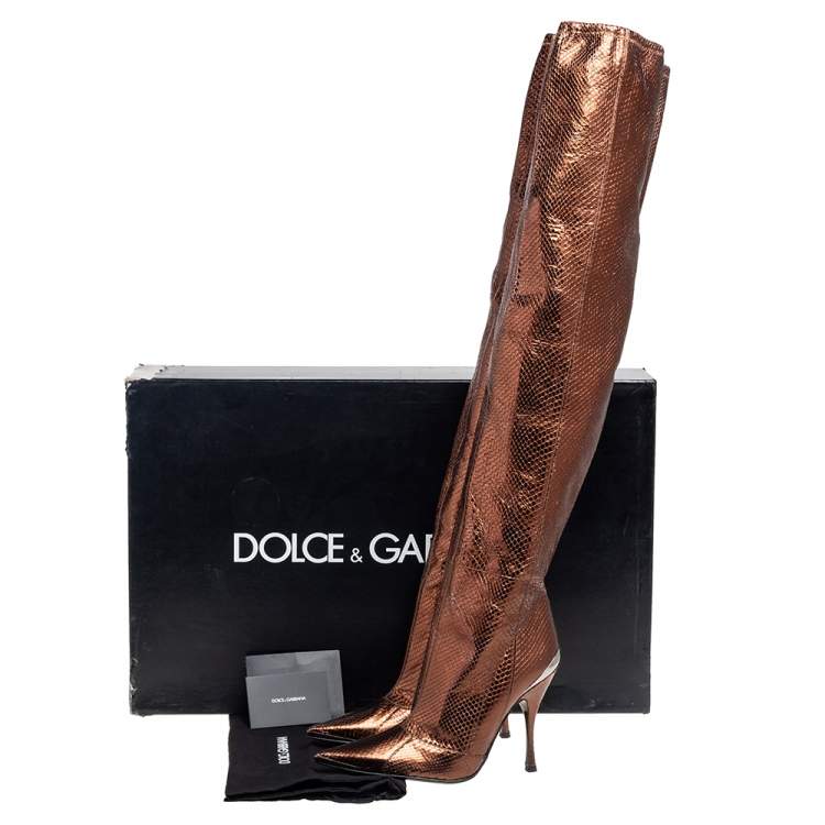 Pre Owned Dolce & Gabbana Gold Snakeskin Over Knee Length Boots Size 38.5