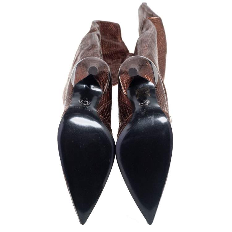 Pre Owned Dolce & Gabbana Metallic Gold-Brown Snakeskin Leather  Pointed Boots Size 36